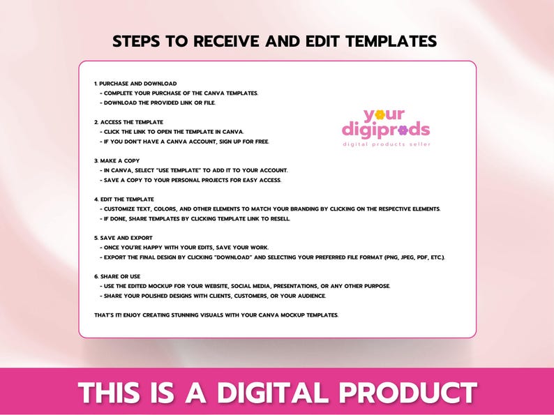 May include: A pink and white graphic with the text "STEPS TO RECEIVE AND EDIT TEMPLATES" and a list of steps on how to access and edit digital templates. The graphic also includes the text "your digipr&oslash;ds digital products seller" and "THIS IS A DIGITAL PRODUCT".