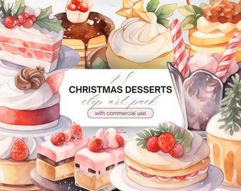 Watercolor Cute Christmas Desserts Cliparts Transparent Background PNG Bundle, Christmas Holiday Sweet Cake Clip Arts, Commercial Use
