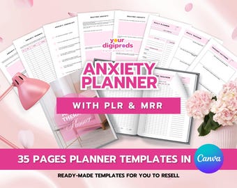 Plantilla Canva del planificador de ansiedad con derechos de etiqueta privada PLR/MRR Maestro de reventa de dinero, Planificador de terapia de ansiedad, Bienestar, Planificador editable
