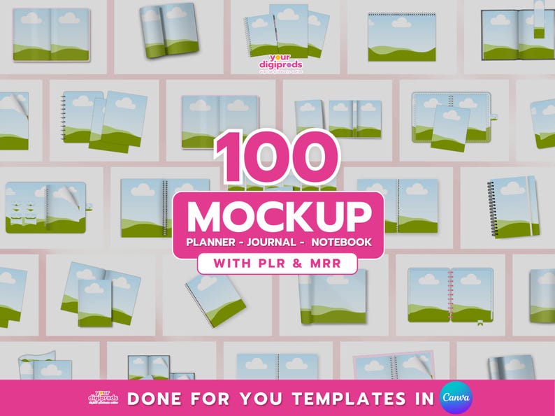 May include: A mockup set of 100 planner, journal, and notebook templates. The image shows a variety of different layouts and designs, all with a green and blue color scheme. The text "100 MOCKUP" is displayed in large pink letters. The text "PLANNER - JOURNAL - NOTEBOOK" is displayed in smaller black letters. The text "WITH PLR & MRR" is displayed in smaller black letters. The text "DONE FOR YOU TEMPLATES IN Canva" is displayed in smaller black letters.