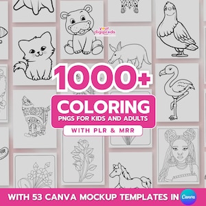 Pu&ograve; includere: Una collezione di oltre 1000 pagine da colorare in bianco e nero per bambini e adulti. Le pagine presentano una variet&agrave; di immagini, tra cui animali, piante e persone. Il testo "WITH PLR & MRR" e "WITH 53 CANVA MOCKUP TEMPLATES IN Canva" &egrave; incluso.