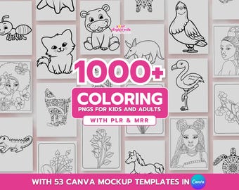 Coloring PNGs with PLR & MRR + Freebie: 53 Canva Mockup Templates Coloring Bundle Coloring Animals Private Label Rights Master Resell Rights