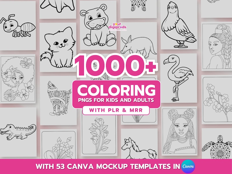 Pu&ograve; includere: Una collezione di oltre 1000 pagine da colorare in bianco e nero per bambini e adulti. Le pagine presentano una variet&agrave; di immagini, tra cui animali, piante e persone. Il testo "WITH PLR & MRR" e "WITH 53 CANVA MOCKUP TEMPLATES IN Canva" &egrave; incluso.