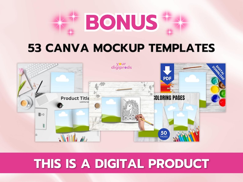 Pu&ograve; includere: Un elenco di prodotti digitali per 53 modelli di mockup Canva. L'immagine mostra diversi mockup di prodotti diversi, tra cui un libro, una pagina da colorare e un prodotto con un titolo. Il testo "BONUS" e "53 MODELLI DI MOCKUP CANVA" &egrave; visualizzato in lettere rosa su uno sfondo rosa. Il testo "QUESTO &Egrave; UN PRODOTTO DIGITALE" &egrave; visualizzato in lettere bianche su uno sfondo rosa.