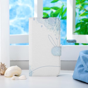 Capa de telefone personalizada com cenário azul e branco, capa de telefone tipo carteira com compartimento para cartão, capa de telefone tipo carteira para iPhone 16 15 14 13 Pro Max X XS