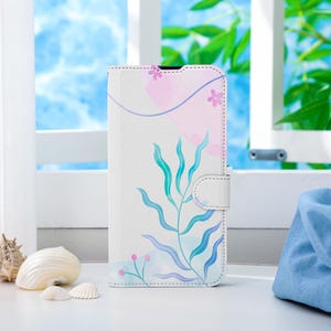 Capa de telefone personalizada com algas azuis rosa, capa de telefone tipo carteira com compartimento para cartão, capa de telefone tipo carteira para iPhone 16 15 14 13 Pro Max X XS