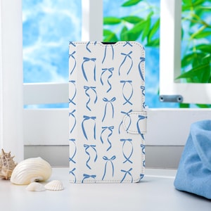 Capa de telefone personalizada quadrada com laço azul, capa de telefone tipo carteira com compartimento para cartão, capa de telefone tipo carteira com flip para iPhone 16 15 14 13 Pro Max X XS