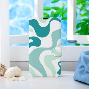Capa de telefone personalizada Lake Green Swirl, capa de telefone tipo carteira com compartimento para cartão, capa de telefone tipo carteira para iPhone 16 15 14 13 Pro Max X XS