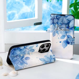 Funda de teléfono personalizada con guirnalda de hojas azules, funda de teléfono tipo billetera con ranura para tarjetas, funda de teléfono tipo billetera con tapa para iPhone 16 15 14 13 Pro Max X XS