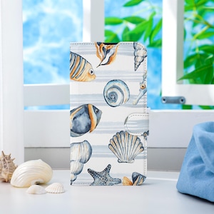 Capa de telefone personalizada Fish & Conch, capa de telefone tipo carteira com compartimento para cartão, capa de telefone tipo carteira para iPhone 16 15 14 13 Pro Max X XS