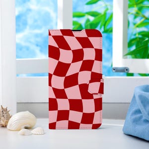Capa de telefone personalizada com xadrez vermelho, capa de telefone tipo carteira com compartimento para cartão, capa de telefone tipo carteira para iPhone 16 15 14 13 Pro Max X XS