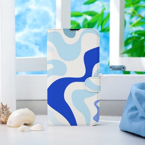 Capa de telefone personalizada com redemoinho azul gradiente, capa de telefone tipo carteira com compartimento para cartão, capa de telefone tipo carteira para iPhone 16 15 14 13 Pro Max XS