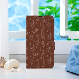 Capa de telefone personalizada com flor de linha marrom escuro, capa de telefone tipo carteira com compartimento para cartão, capa de telefone tipo carteira com flip para iPhone 16 15 14 13 Pro Max X XS