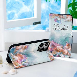 Capa de telefone personalizada Pink Conch, capa de telefone tipo carteira com compartimento para cartão, capa de telefone tipo carteira para iPhone 16 15 14 13 Pro Max X XS