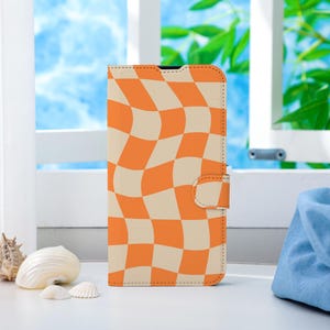 Capa de telefone personalizada com padrão xadrez laranja, capa de telefone tipo carteira com compartimento para cartão, capa de telefone tipo carteira para iPhone 16 15 14 13 Pro Max X XS