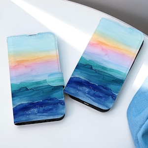 Funda de teléfono personalizada con diseño de puesta de sol en el mar, funda tipo billetera con ranura para tarjetas, funda tipo billetera con tapa para iPhone 16, 15, 14, 13, 12 Pro Max, X, XS