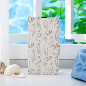 White Brown Line Flower Personalized Phone Case, Wallet Phone Case with Card Slot, Wallet Flip Phone Case for iPhone 16 15 14 13 Pro Max XXS