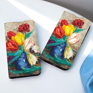 Oil Painting Flower Personalized Phone Case, Wallet Phone Case with Card Slot, Wallet Flip Phone Case for iPhone 16 15 14 13 Pro Max X XS
