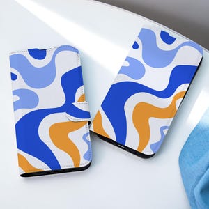 Capa de telefone personalizada com redemoinho azul-laranja, capa de telefone tipo carteira com compartimento para cartão, capa de telefone tipo carteira para iPhone 16 15 14 13 Pro Max X XS