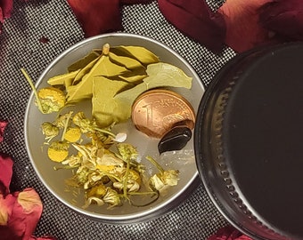 Wohlstands-Kerze  Paraffin, Kräuter und Blüten, 30 ml, Geld-Tropfen, Glückscent, Heilsteine Obsidian & Bergkristall, Deckelverschluss