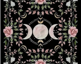 Altartuch Wahrsagen – Schwarzes Tuch mit rosa Rosen & Mondzyklus, 75×75 cm, Wanddekoration, mystische Unterlage
