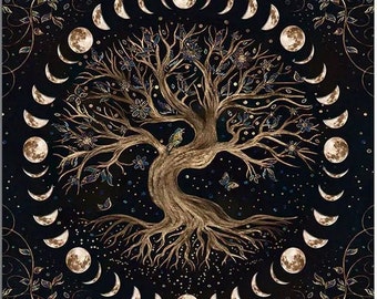 Altartuch Deko Wahrsage-Unterlage – Schwarzes Tuch mit Lebensbaum & Mondzyklus – 75x75 cm – Mystic Wandkunst, Wanddekoration