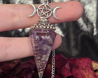 Kristall-Pendel zum Wahrsagen | Amethyst-Pendel, 29,5 cm, Mondphasen-Aufsatz, Schutzsymbol, Heilstein-Kristall, Ruhe und Klarheit