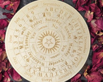 Pendelbrett – Holz Unterlage für Pendel-Wahrsagen – Kleines Pendelbrett 14,5 cm, Monatstafel, Sternzeichen, Wochentage, Ja/Nein/Vielleicht
