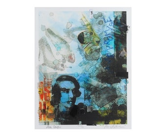 PLAN LARGE - Collage original et impression d'art avec mixed média Passe-partout Visage homme romantique, mode, bd, fond bleu noir orange