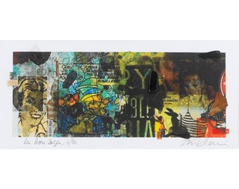 LE BON AGE - Fresque bd typo photo Bleu rouge jaune noir Collage original et impression d'art avec mixed média Passe-partout ou cadre blanc