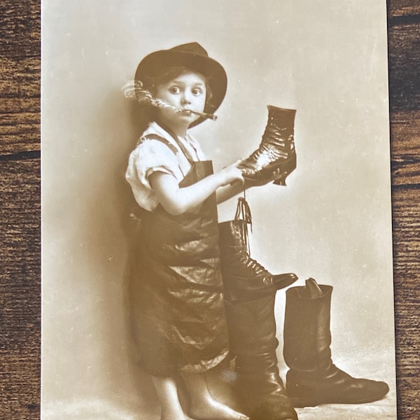 Shoe Shiner Child Smoking photo postcard 1912 postmark.