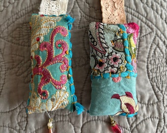 Hanging vintage Indian boho glam textile lavender sachets