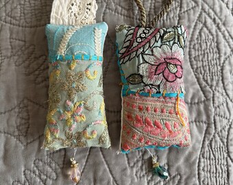 Hanging vintage Indian boho glam textile lavender sachets