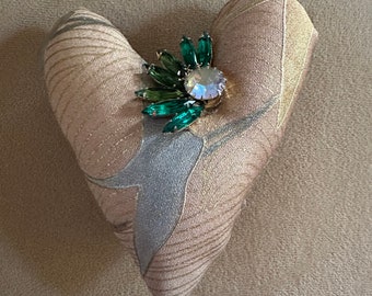 Heart Pincushion Made from Vintage Japanese Kimono Silk, Handmade Sewing Accessory, Quilter Gift - gold