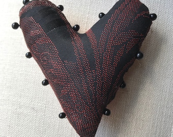 Heart Pincushion Made from Vintage Japanese Kimono Silk, Handmade Sewing Accessory, Quilter Gift - black & red