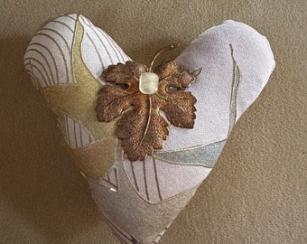 Heart Pincushion Made from Vintage Japanese Kimono Silk, Handmade Sewing Accessory, Quilter Gift - gold