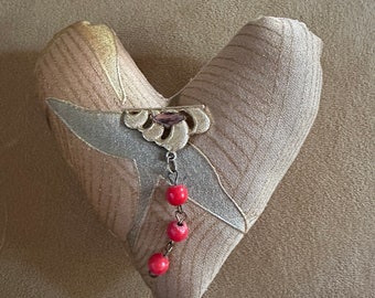 Heart Pincushion Made from Vintage Japanese Kimono Silk, Handmade Sewing Accessory, Quilter Gift - gold