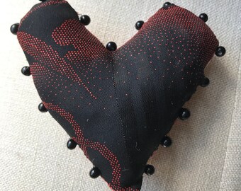 Vintage black and red kimono silk heart pincushion