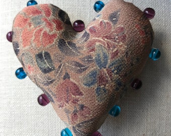 Heart Pincushion Made from Vintage Japanese Kimono Silk, Handmade Sewing Accessory, Quilter Gift - floral