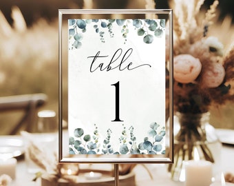 Greenery table number, printable table number, Printable Greenery Wedding Table Numbers, Eucalyptus Table Number - CLARA