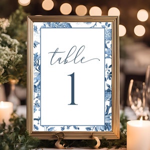 Toile De Jouy Wedding, Floral Table Numbers, Blue Table Numbers, Table Number Sign, Dusty Blue Wedding, Printable Wedding, Editable Template