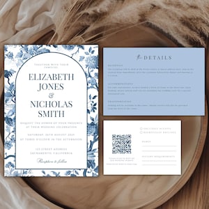 Hellblaue Hochzeitseinladung Set Toile, Blaue Hochzeitseinladung mit Chinoiserie