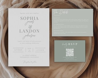 Sage Green Wedding Invitation, Minimalist Wedding Invitation Suite with QR code, Instant download, Sage Green Invite