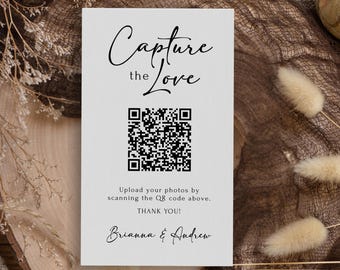 Tarjeta de boda con código QR Capture The Love, letrero para compartir fotos de invitados editable e imprimible, diseño minimalista moderno, plantilla de descarga instantánea