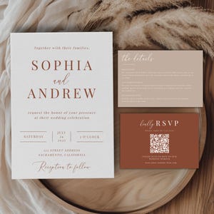 Terrakotta-Hochzeitseinladung, rustikaler Herbst-RSVP-QR-Code, bearbeitbare druckbare Boho-Einladungsvorlage A103