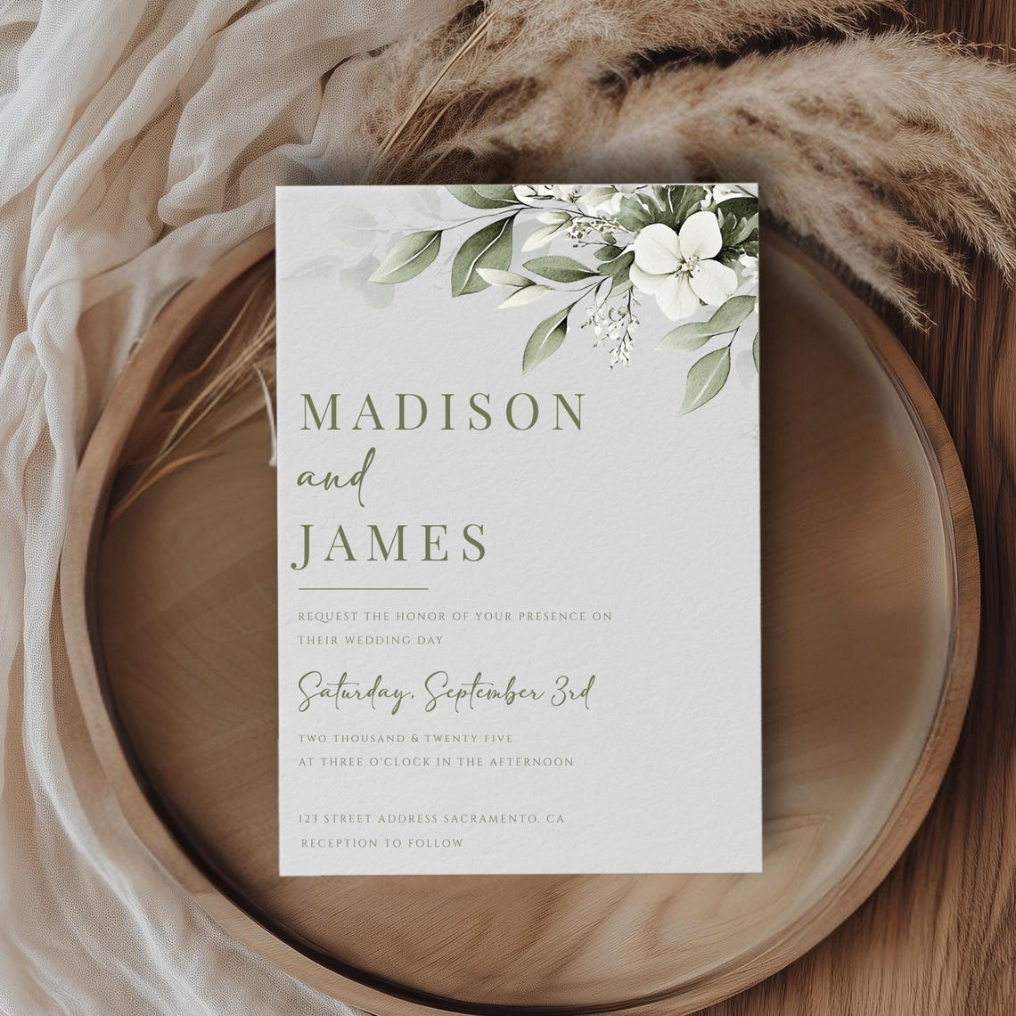 Sage Green Floral Wedding Invitation, Editable Template, Printable ...