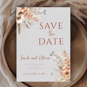 Modern Save The Date, Boho Terracotta Template, Boho Save the date, Floral Elegant Invite, Printable Burnt Orange Rose Save the Date, pp50
