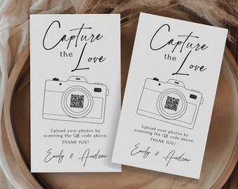 Tarjeta de boda con código QR Capture The Love, letrero para compartir fotos de invitados editable e imprimible, diseño minimalista moderno, plantilla de descarga instantánea