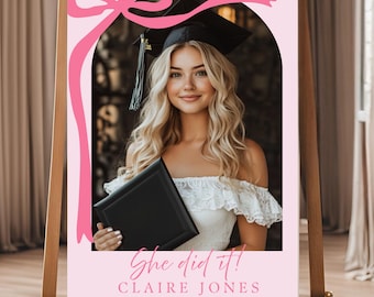 Pink Bow Graduation Welcome Sign, Editable Template for Grad Party, Digital Download, Coquette Aesthetic Decor