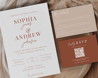 Terracotta Wedding Invitation, Editable RSVP QR Code, Printable Boho Rustic Fall Invite Template, Fall Wedding Invite Set, Rust invite A103